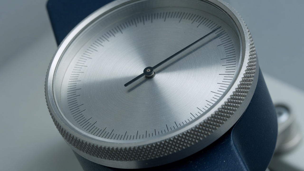 Close-up of a precision analog calibration dial with a knurled steel bezel